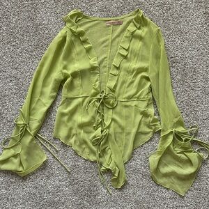 Sheer Lime Green Ruffle Tie-Front Blouse